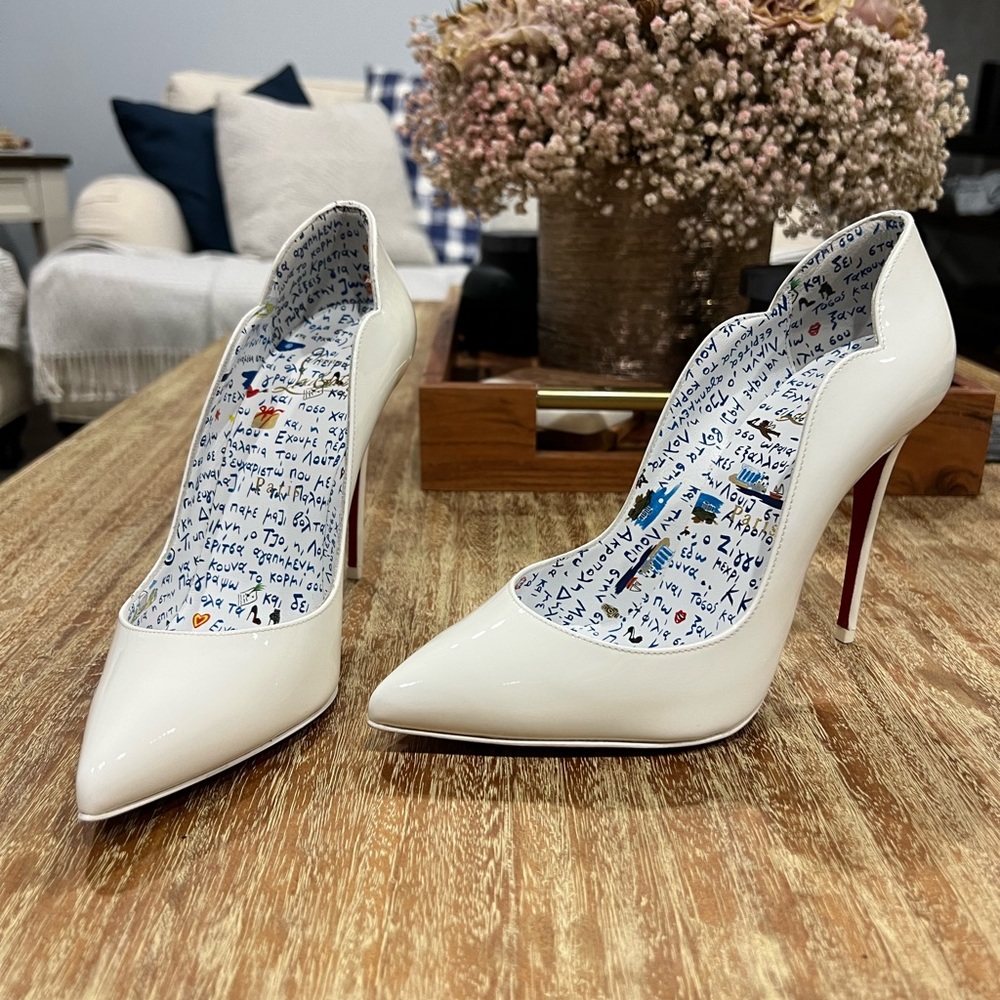 Christian Louboutin Hot Chick 100 White Patent Pumps (Greek Collection)
